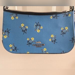 Coach Jes Baguette Blue Flower And Bow Crossbody Bag, Leather, Zip, Pocket